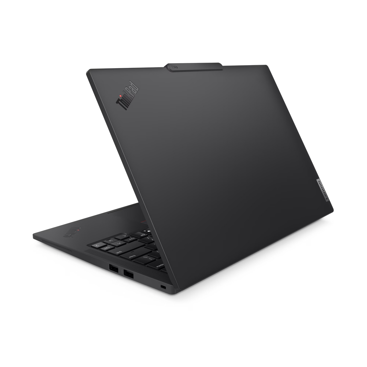 Un portátil negro, abierto en ángulo, mostrando el teclado y el logotipo de ThinkPad.
