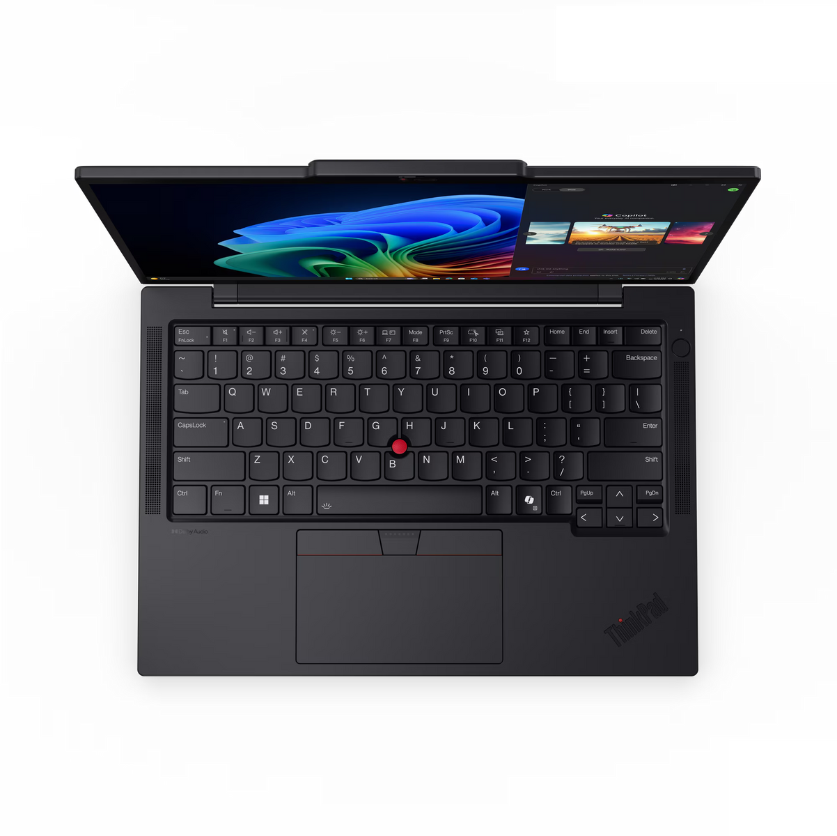 Portátil, abierto, vista superior. Teclado, panel táctil, punto rojo y pantalla.