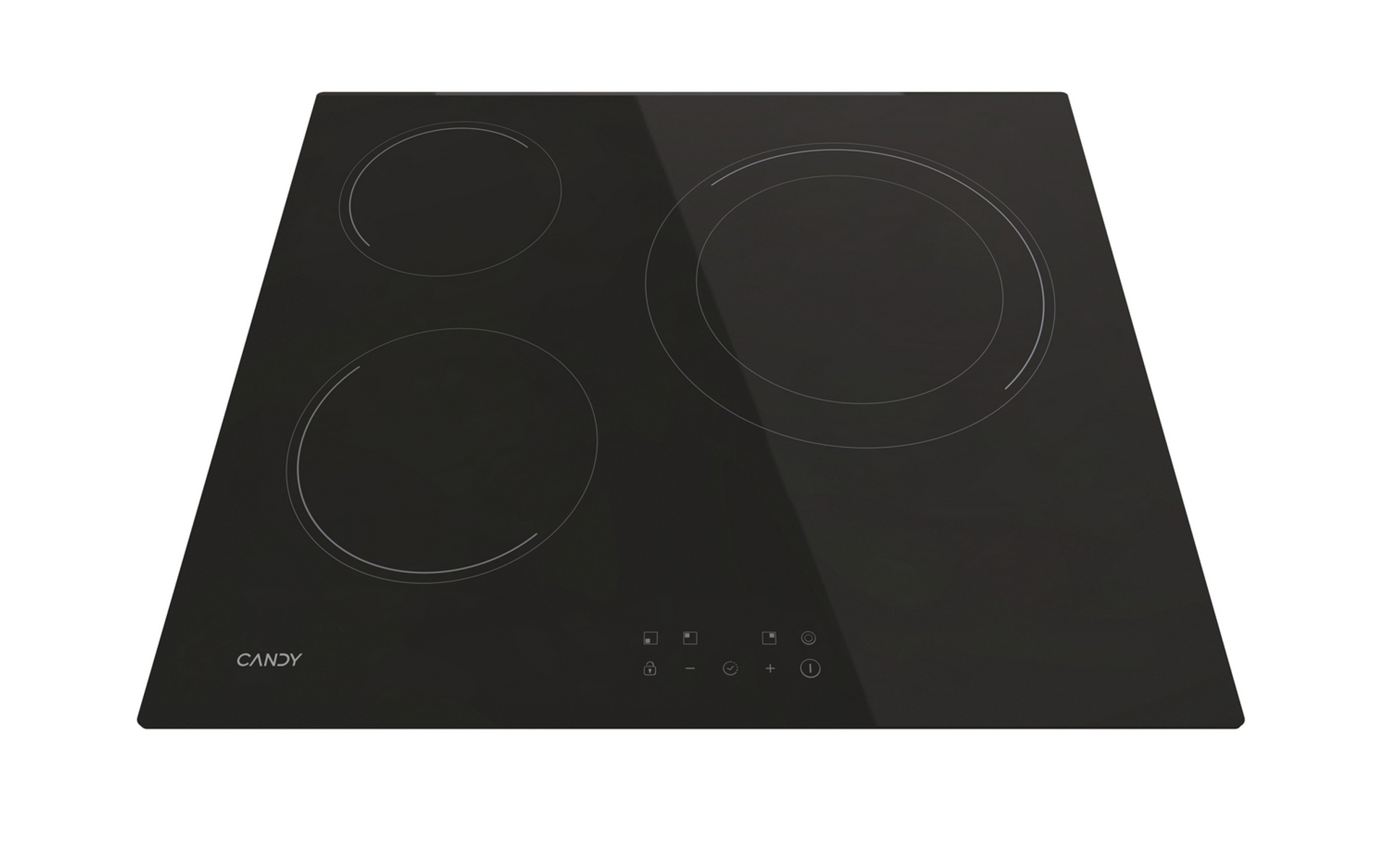 Czarna płyta indukcyjna Candy z trzema okrągłymi strefami grzewczymi.