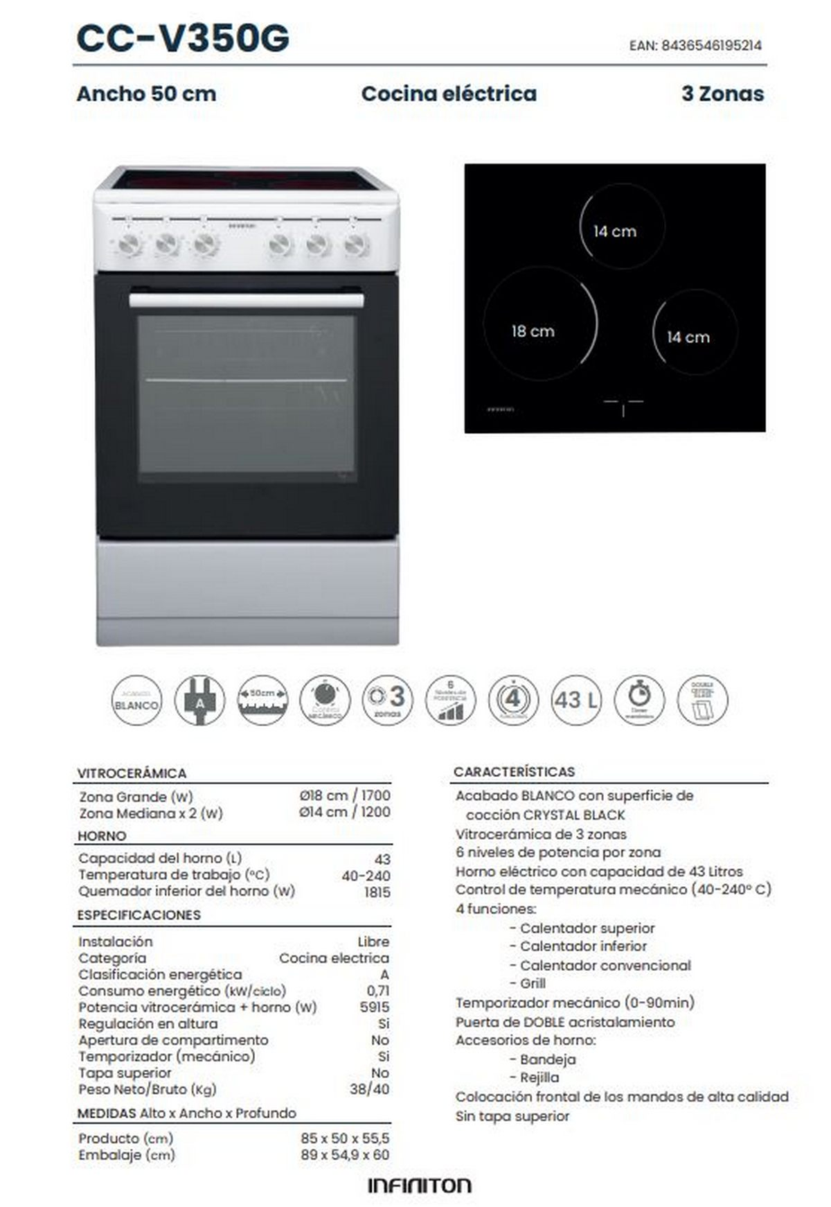 Una cocina eléctrica blanca y plateada con una placa de cocina negra y un documento con especificaciones.
