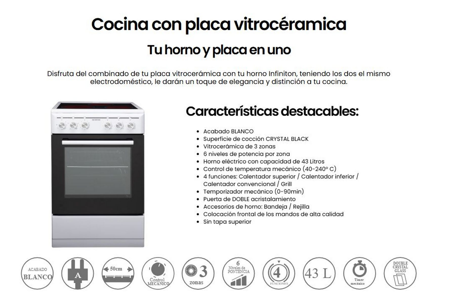 Horno blanco con superficie negra y texto en español. El fondo es blanco.