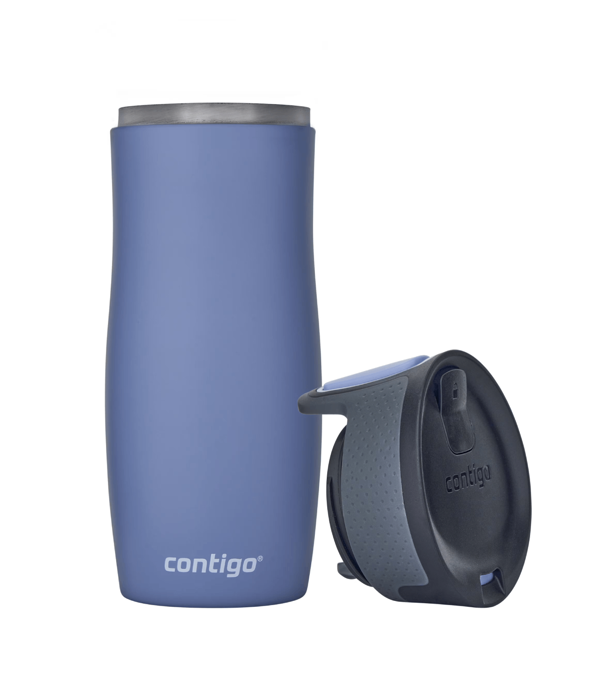 Taza de viaje Contigo azul y gris con la tapa abierta. Logotipo de Contigo en el lateral.