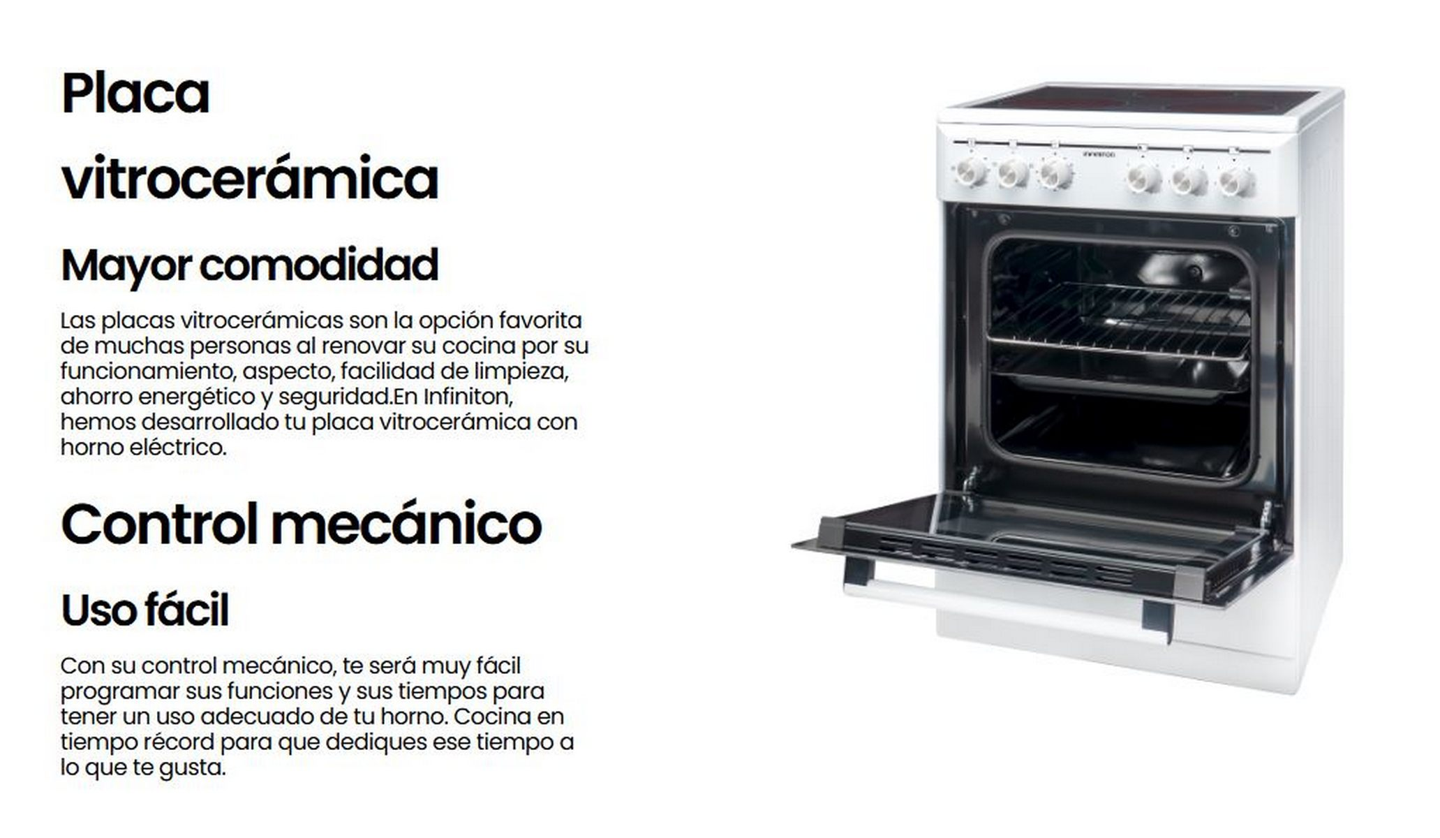 Un horno blanco con puerta abierta, junto a una descripción sobre placa vitrocerámica.