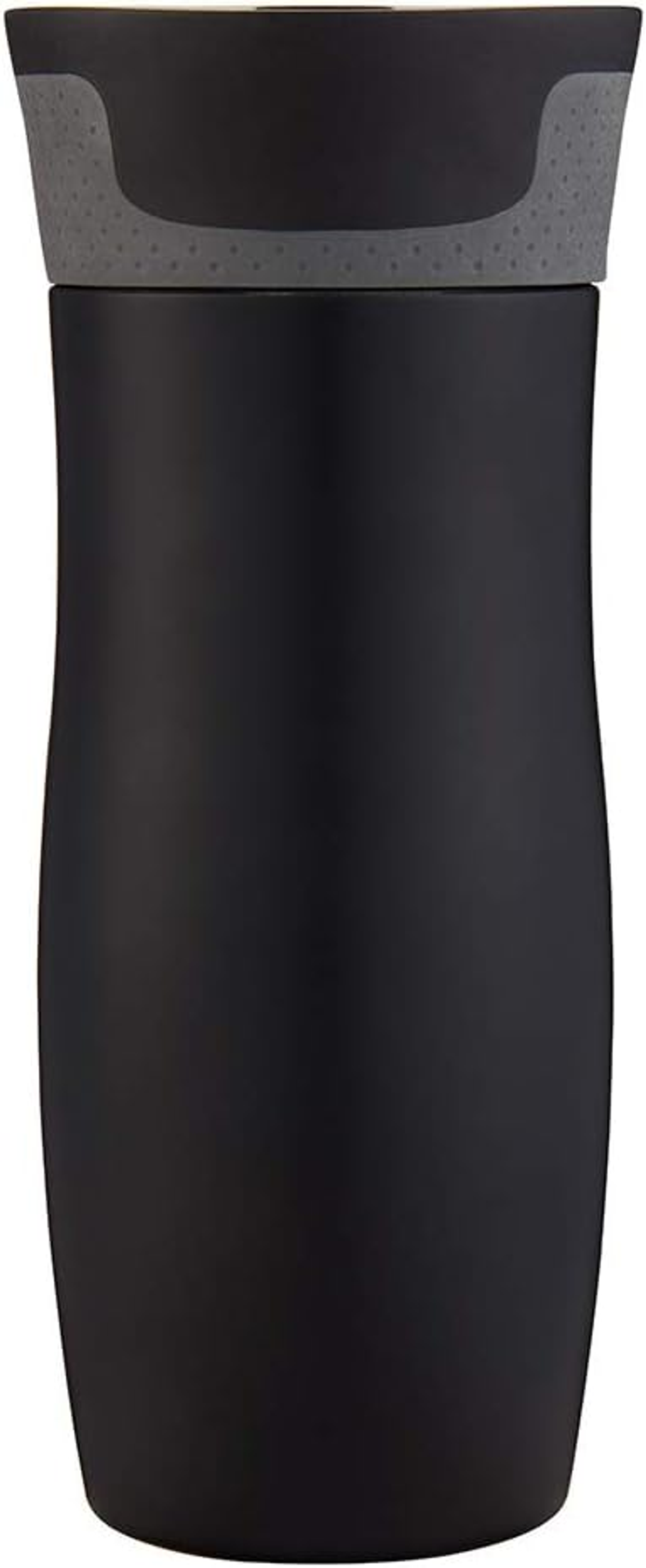 Taza de viaje negra con tapa gris. La taza tiene un diseño liso y curvado.