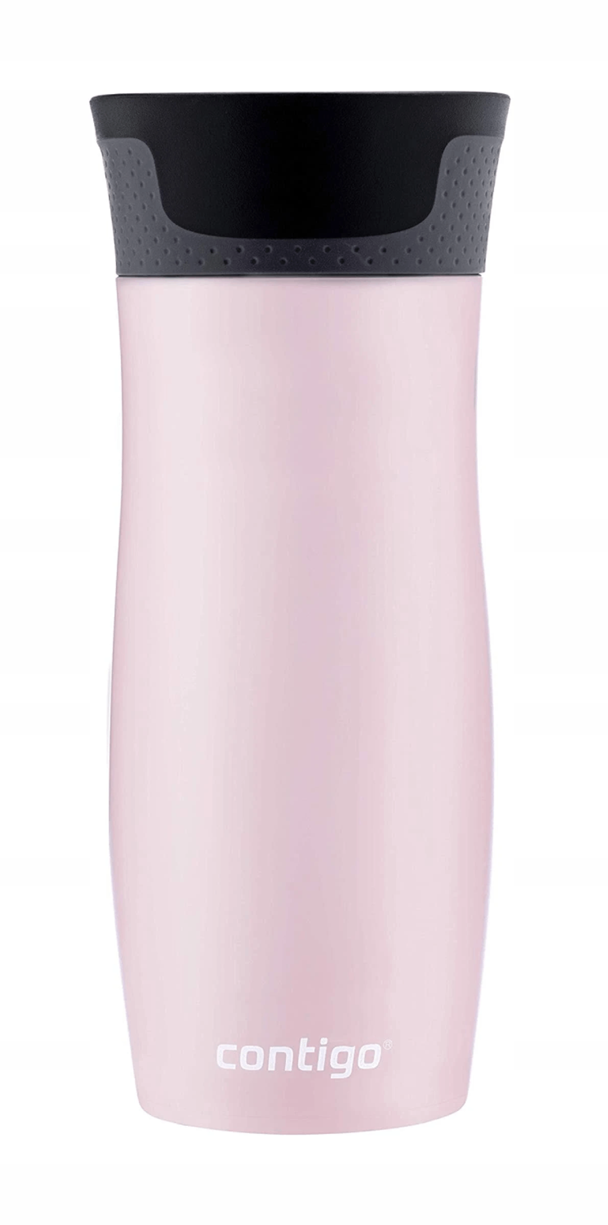 Taza de viaje Contigo rosa. Tapa negra texturizada. Logotipo Contigo plateado.
