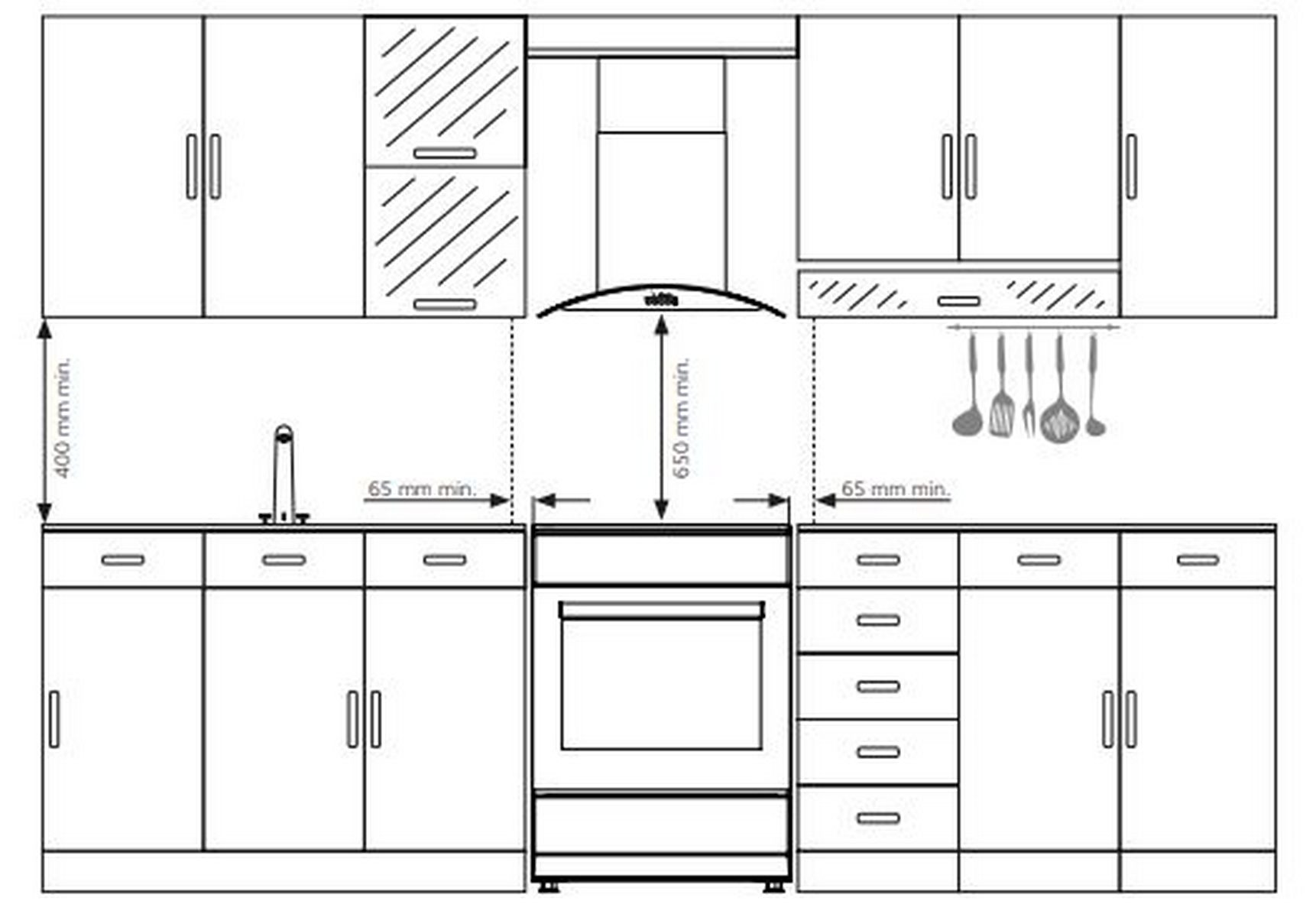 Un dibujo técnico en blanco y negro de la distribución de una cocina. Incluye armarios, horno, fregadero y campana extractora.