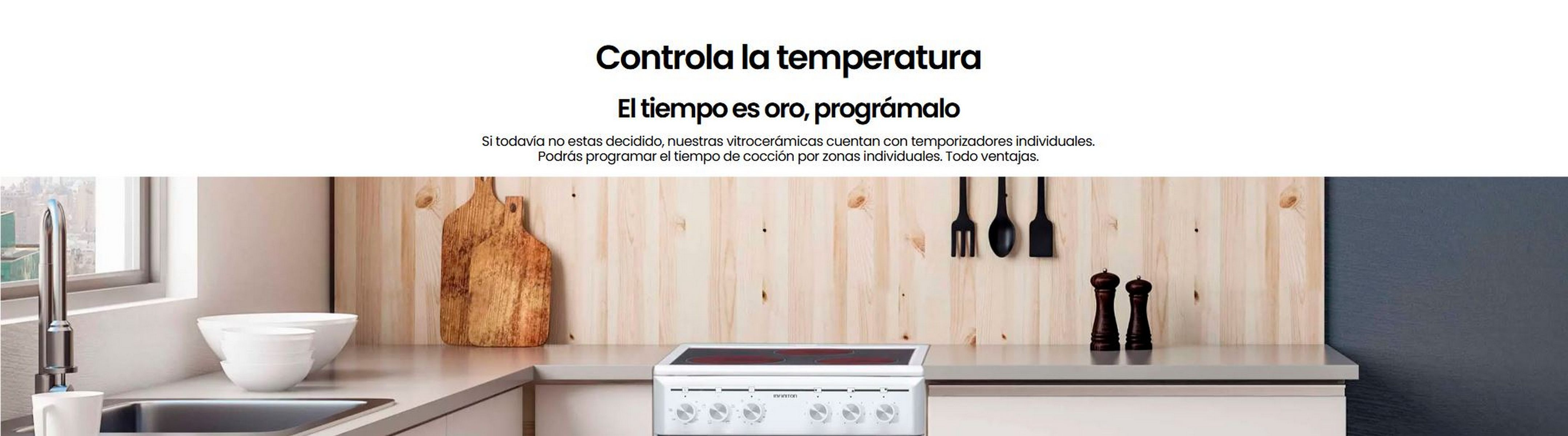 Cocina con estufa, tablas de cortar y utensilios. Texto: Controla la temperatura, el tiempo es oro.