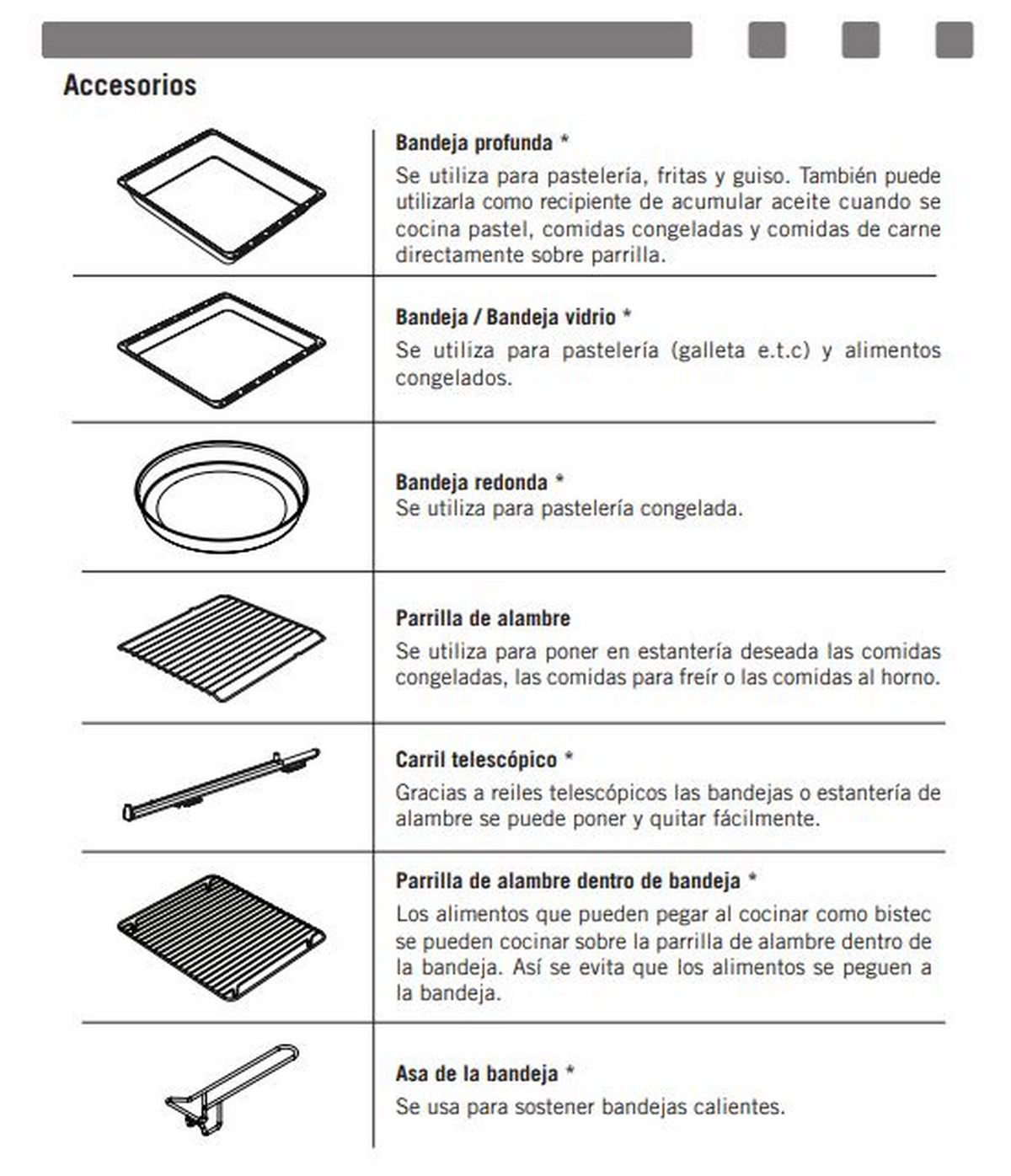 Diagrama de accesorios de horno. Incluye bandeja profunda, bandeja de vidrio, bandeja redonda, rejilla y más.