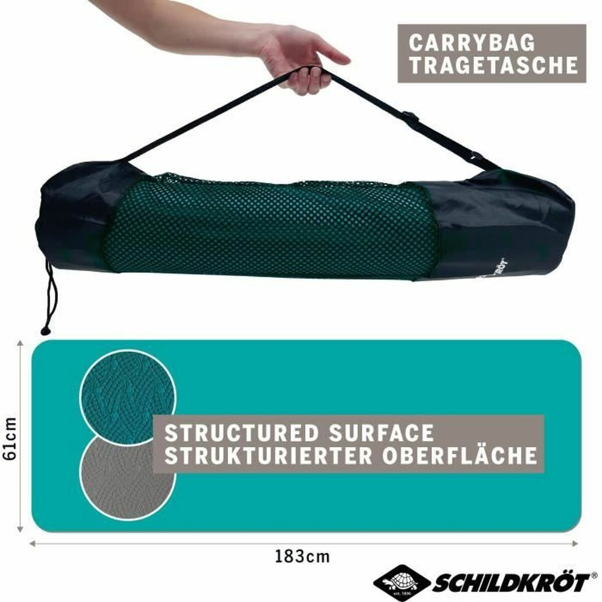 Tappetino yoga nero arrotolato in borsa, con campione di superficie e dimensioni.