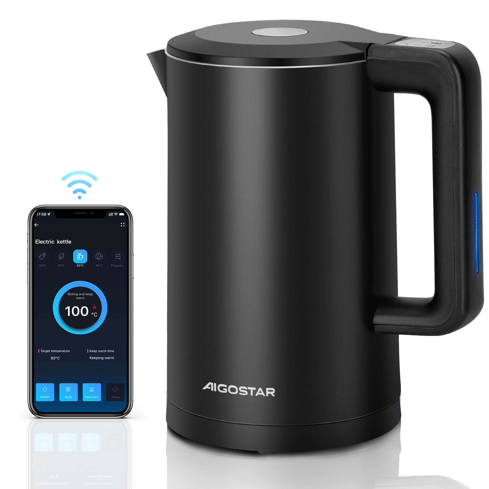 Una tetera eléctrica negra y un teléfono inteligente que muestra la configuración de la temperatura del agua.