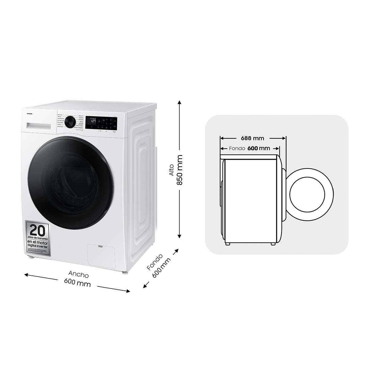 Biała pralka, widok z przodu. Wyświetlane wymiary i szczegóły.