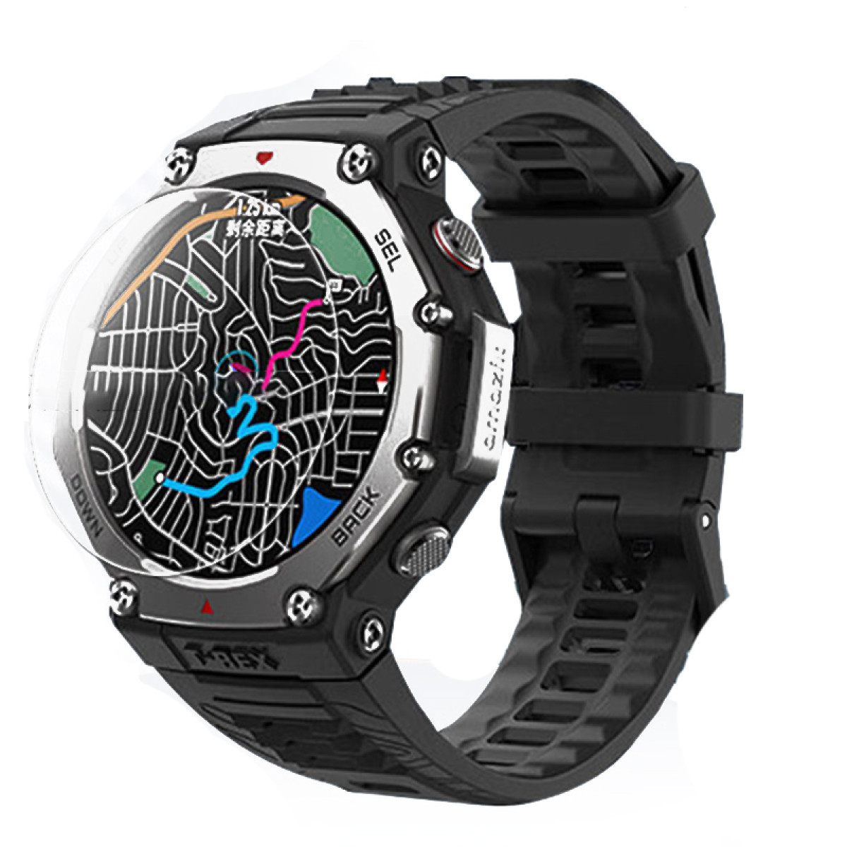Schwarze Smartwatch mit Karte auf dem Bildschirm. Das Armband ist schwarz. Die Uhr hat einen klaren Displayschutz.