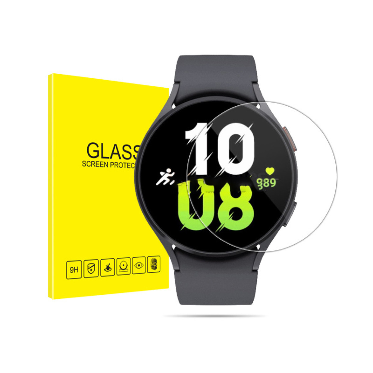 Schwarze Smartwatch mit Displayschutz und gelber Verpackung mit dem Text 'GLASS SCREEN PROTECTOR'.