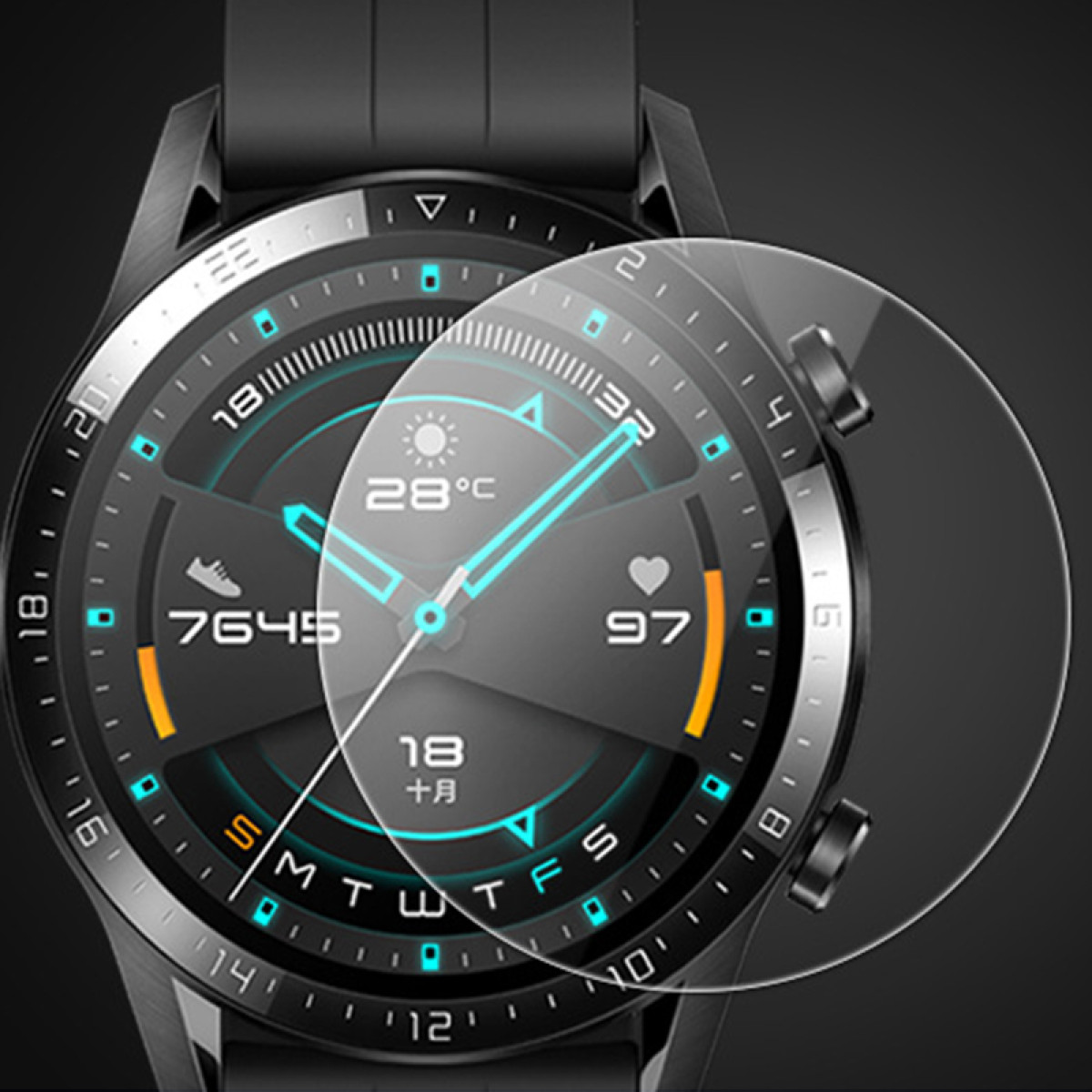Primo piano di uno smartwatch nero con protezione schermo trasparente. L'orologio mostra l'ora e altre metriche.