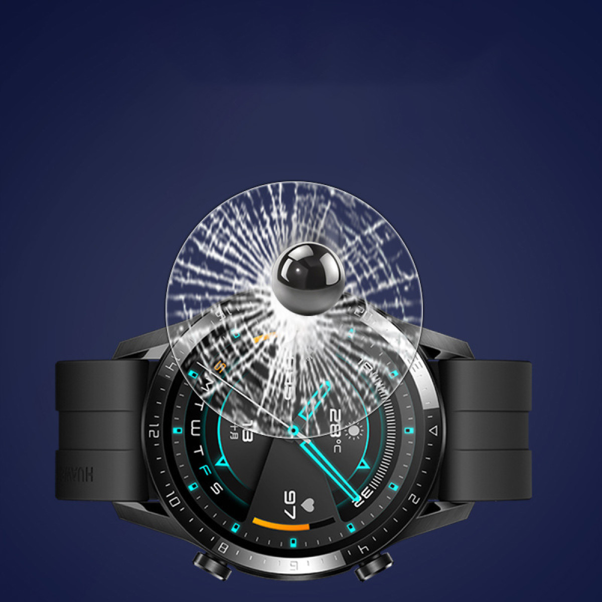 Smartwatch nero con protezione schermo incrinata e sfera nera. Lo sfondo è blu.