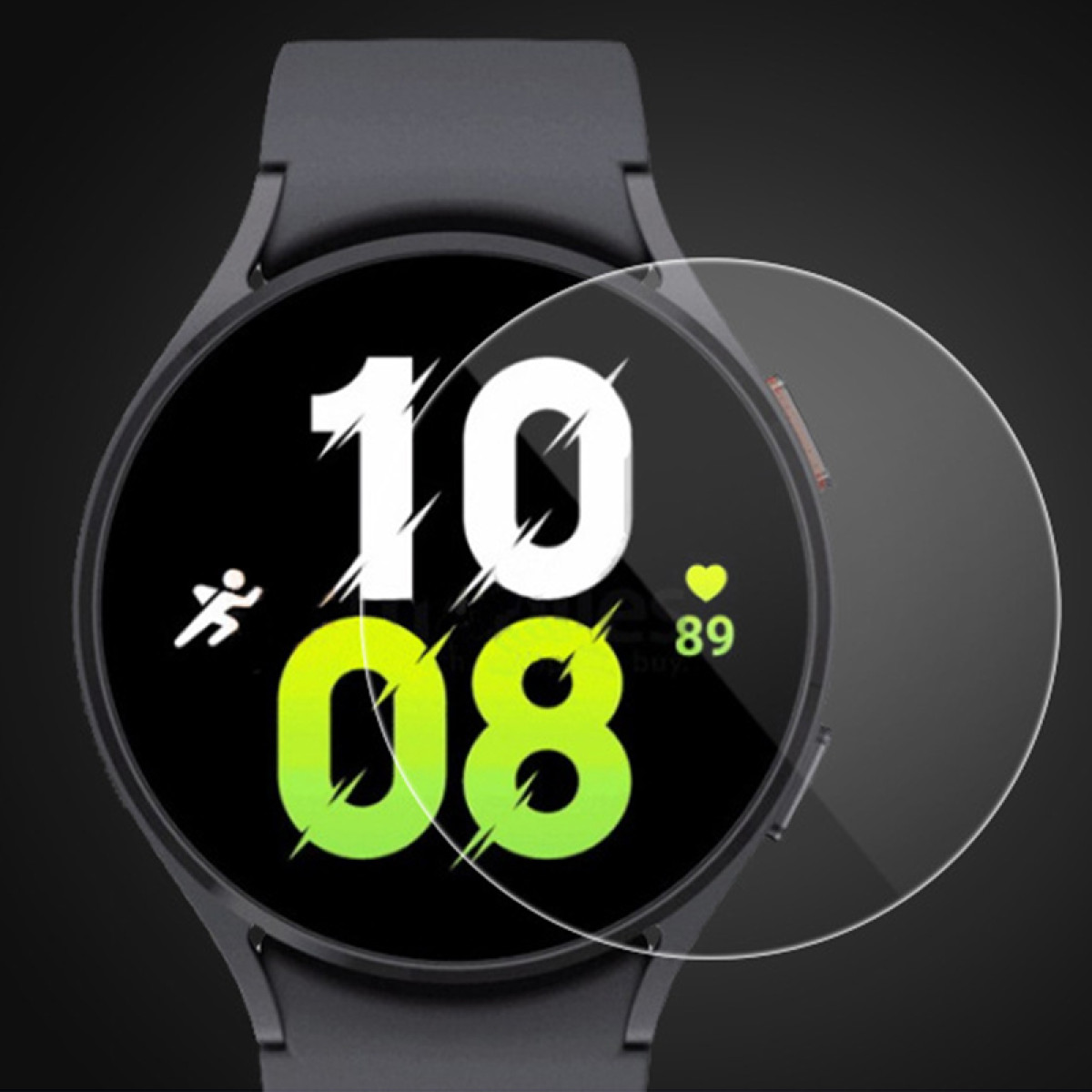 Schwarze Smartwatch mit klarem Displayschutz, mit grünen Zahlen und Text auf dem Bildschirm.
