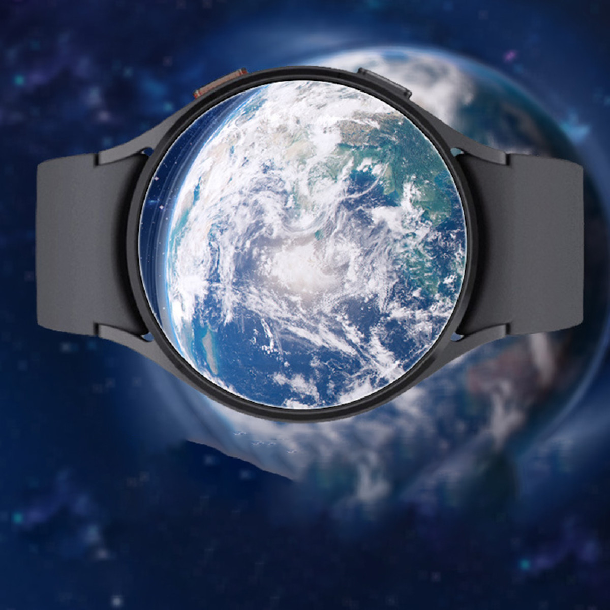 Schwarze Smartwatch mit einem Bildschirm, der die Erde zeigt. Der Hintergrund ist dunkelblau.