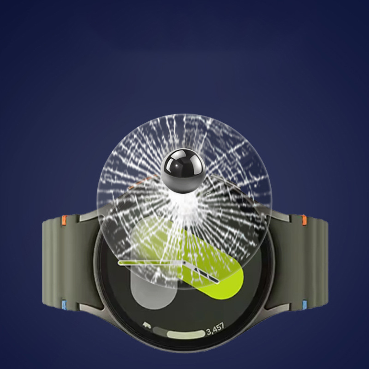 Smartwatch mit gesprungener Displayschutzfolie, mit einer schwarzen Kugel darüber. Der Hintergrund ist dunkelblau.