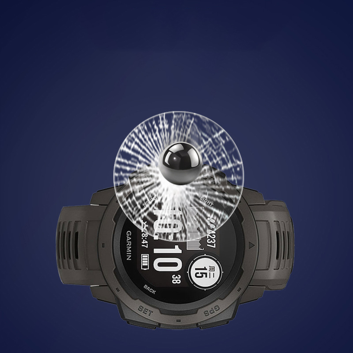 Czarny zegarek Garmin z osłoną ekranu. Czarna kula unosi się nad zegarkiem, z efektem świetlnym.