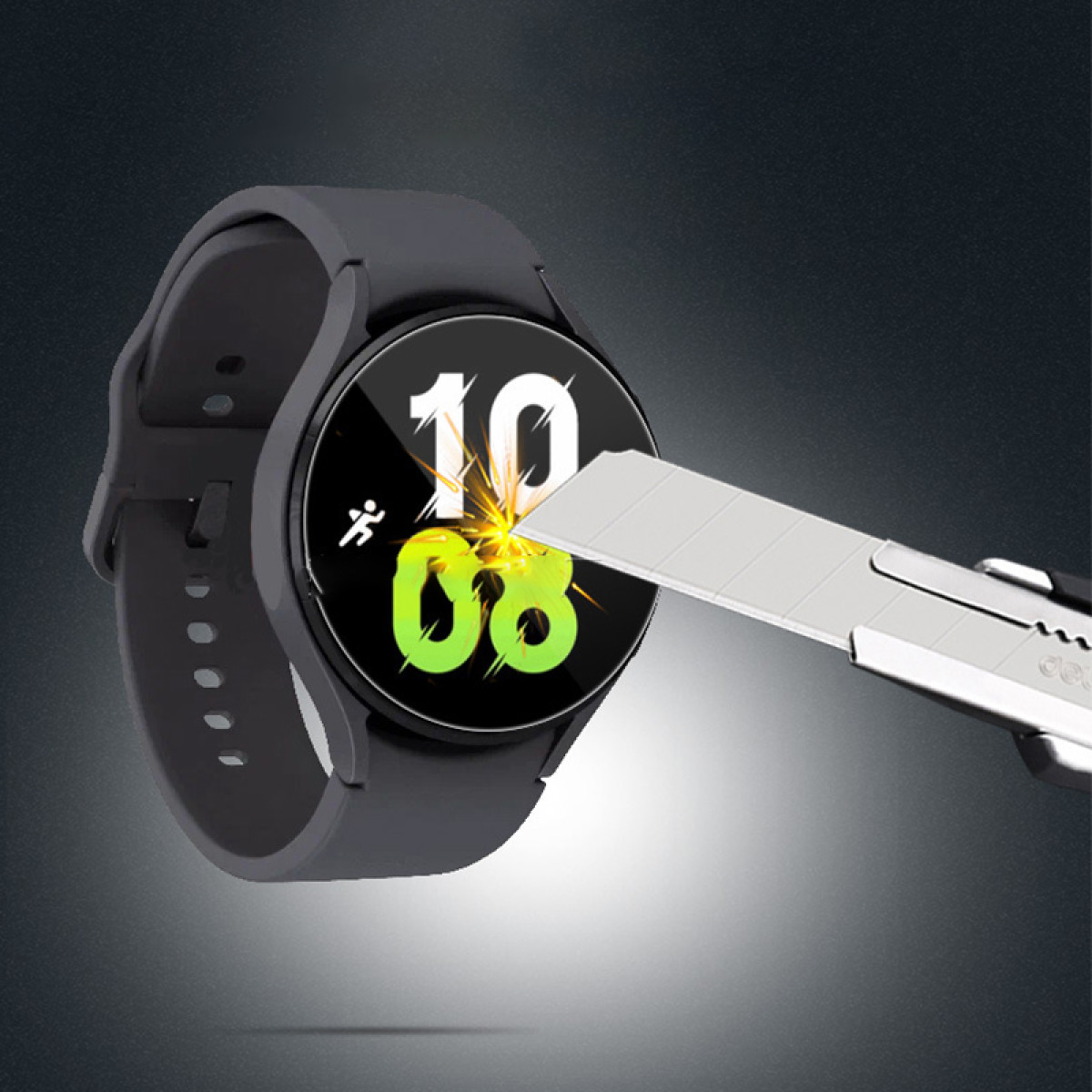 Schwarze Smartwatch mit einem Messer, das den Bildschirm schneidet. Das Display zeigt Zahlen und Grün.