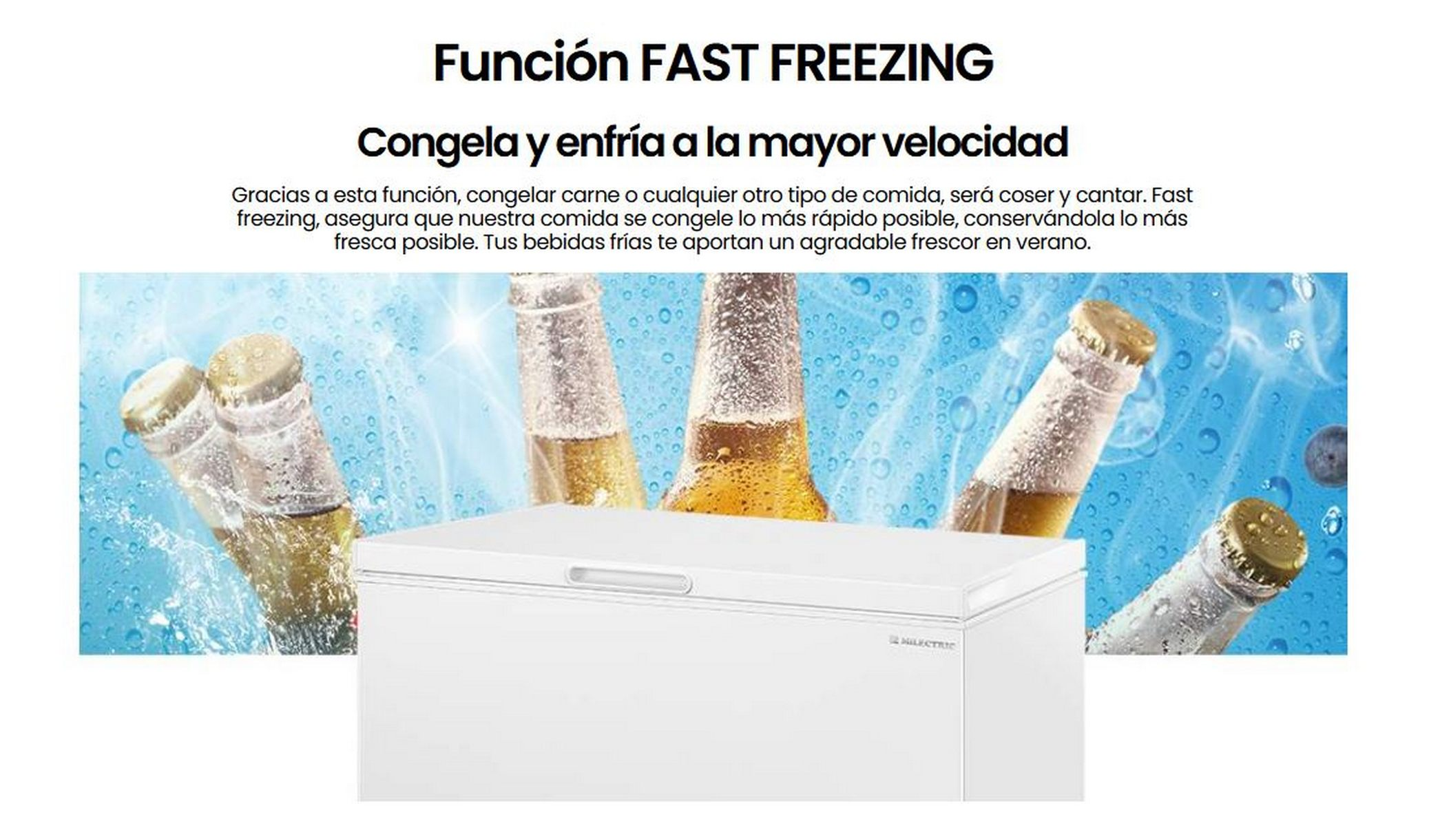 Un anuncio de un congelador con botellas de cerveza y hielo.