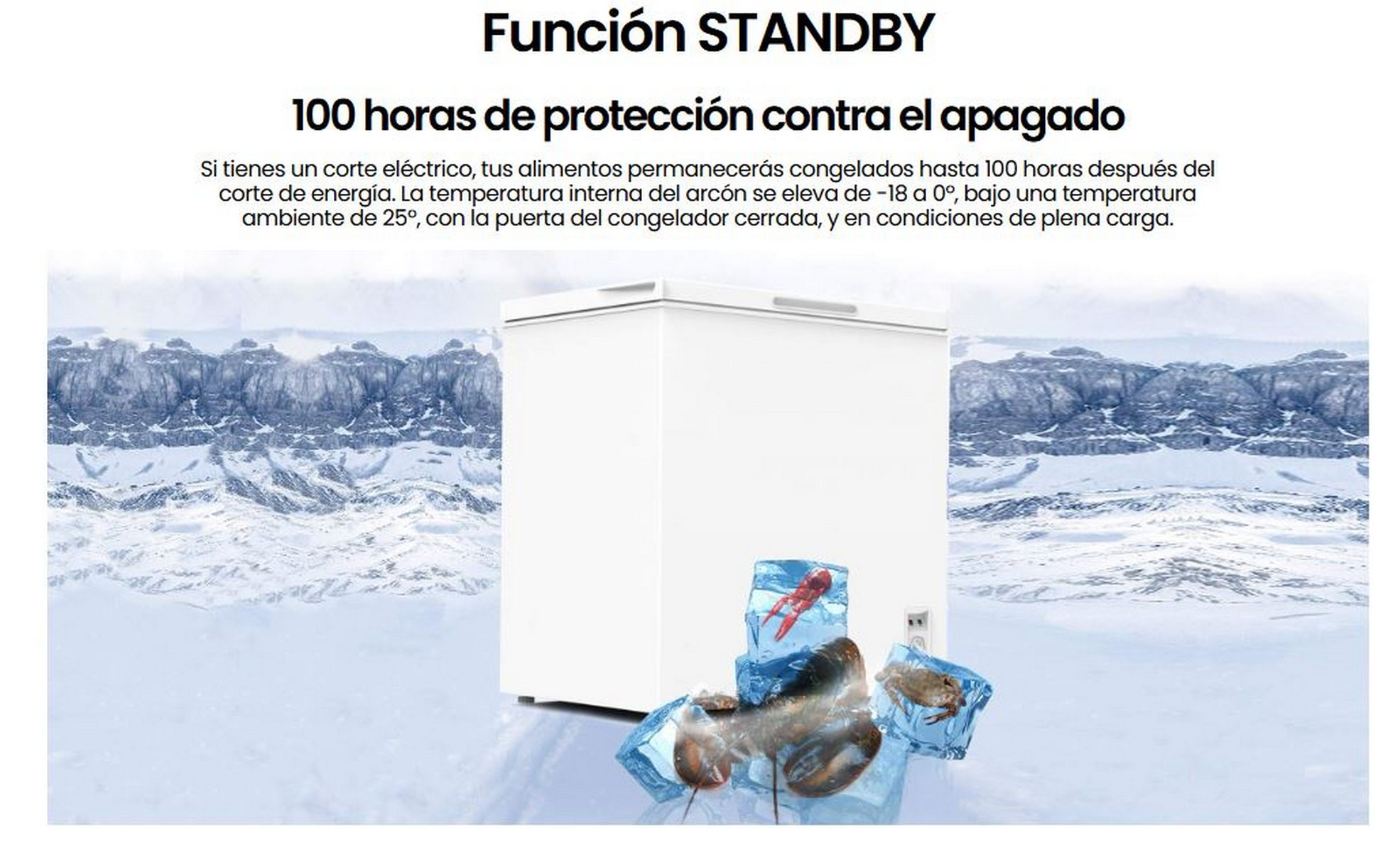 Un arcón congelador blanco con texto en español sobre función standby y 100 horas de protección de alimentos.