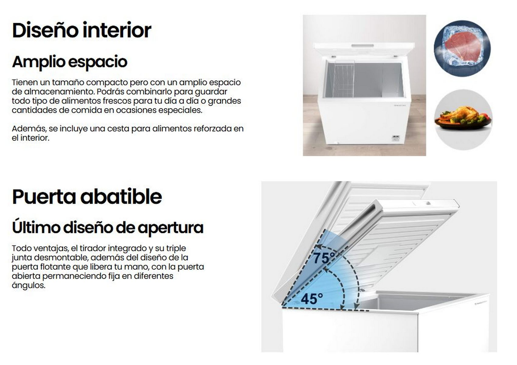 Diagrama de un congelador horizontal blanco con tapa abierta, cesta y ángulos.