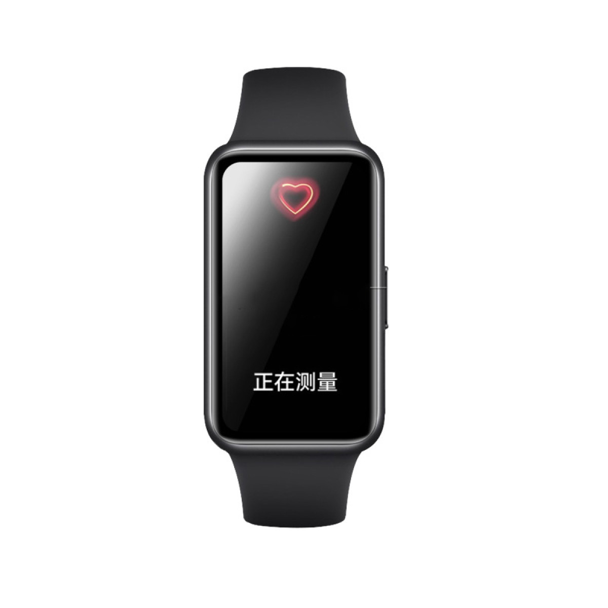 Schwarze Smartwatch mit rotem Herzfrequenzsymbol, Anzeige „Messung“ auf Chinesisch.