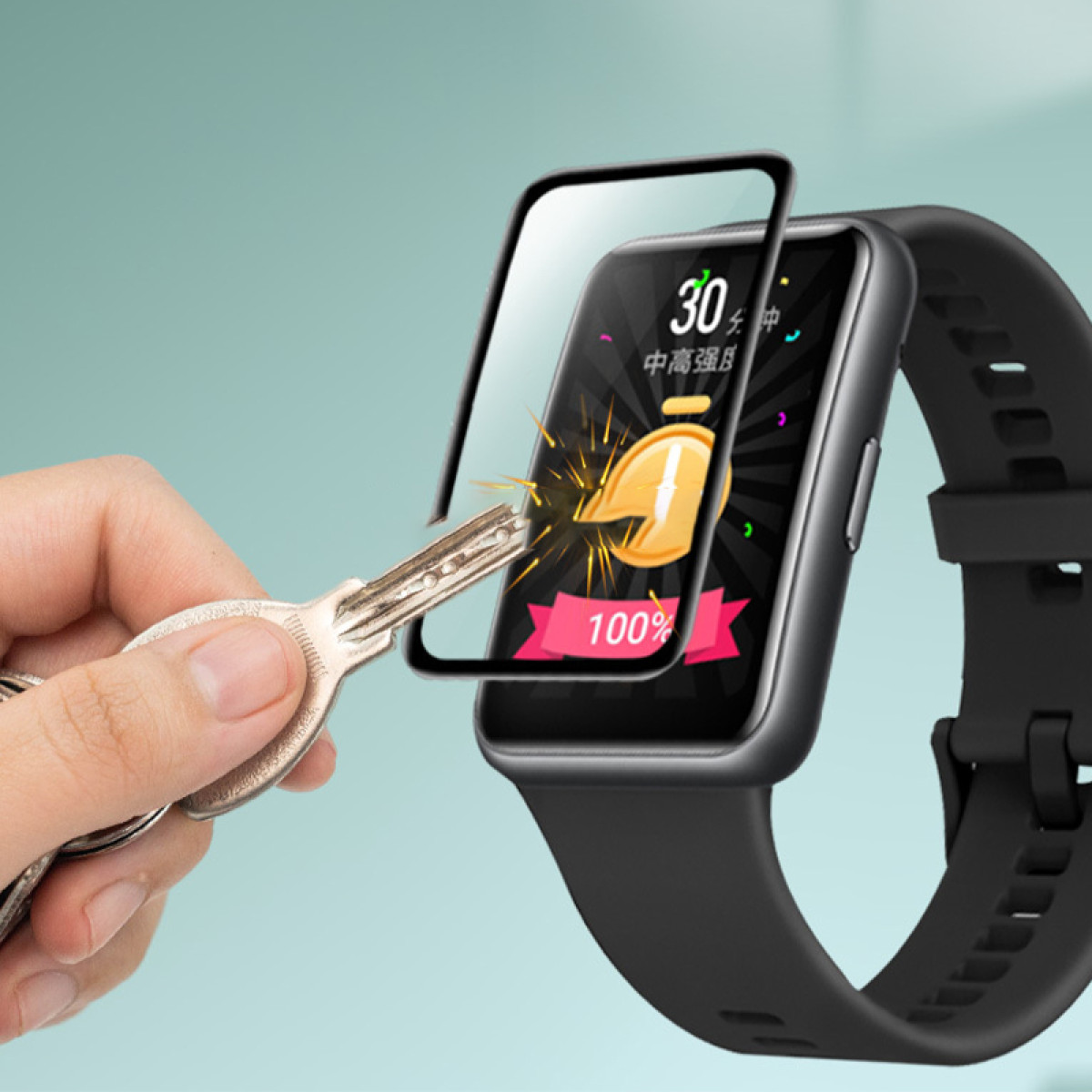 Smartwatch mit angebrachtem Bildschirmschutz. Zeigt Trainingsdaten an.