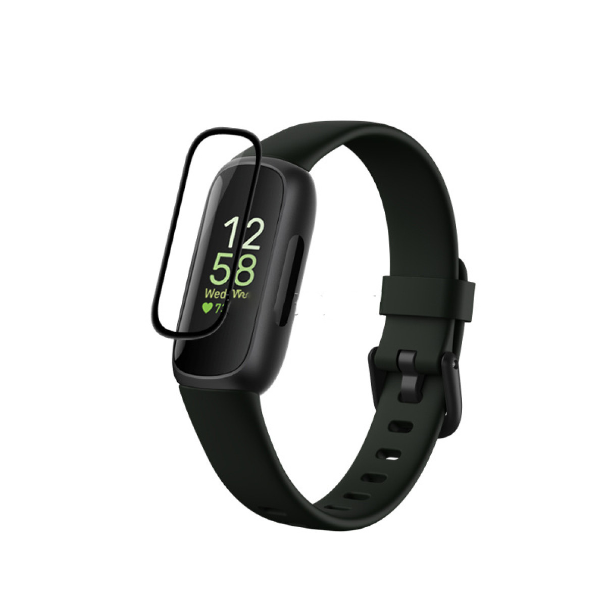 Eine schwarze Smartwatch mit schwarzem Armband. Die Uhr zeigt die Zeit an. Eine klare Displayschutzfolie wird angebracht.