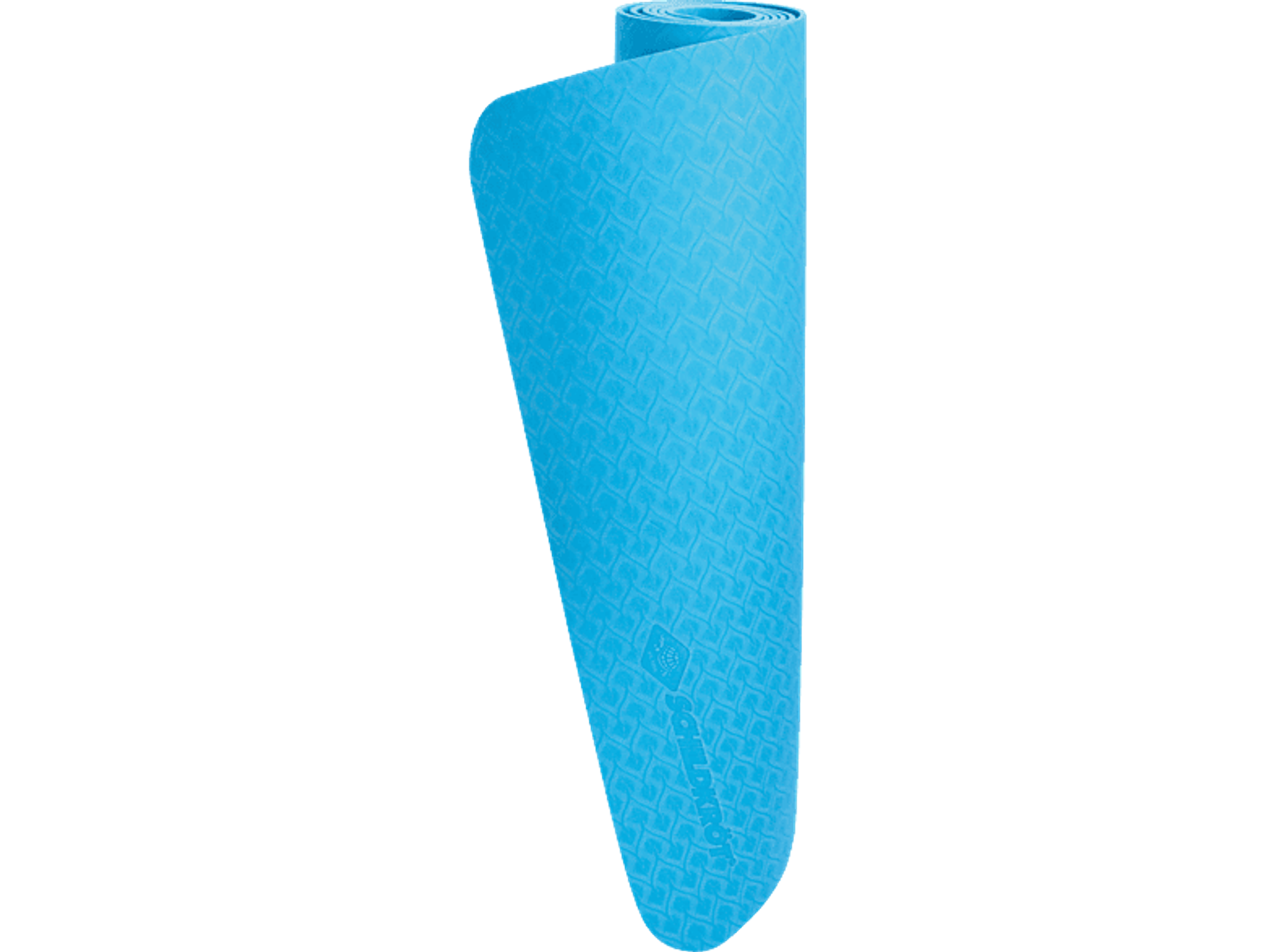 Esterilla de yoga azul enrollada sobre fondo negro. Tiene un diseño repetitivo.