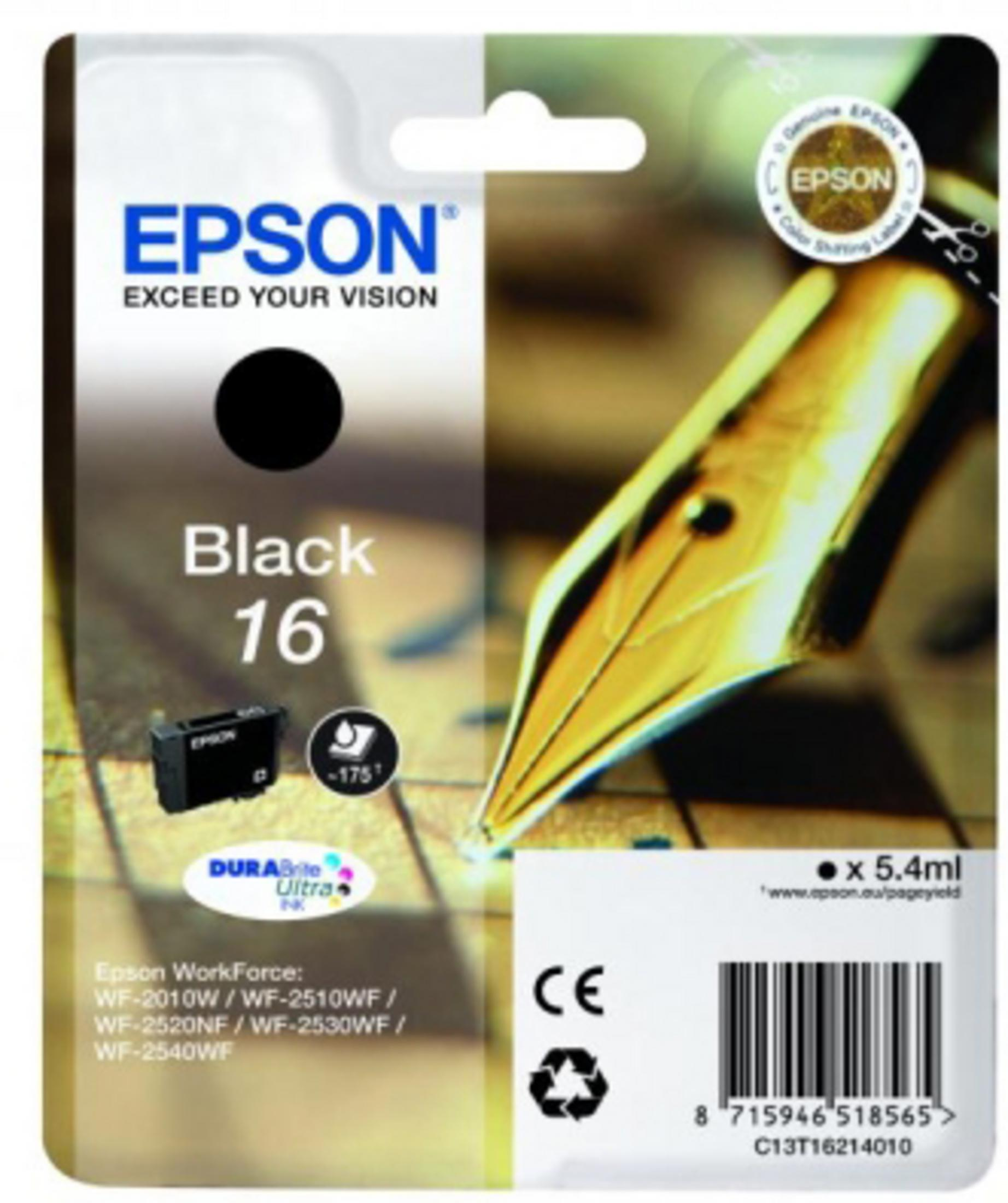 Schwarze Epson Tintenpatronenpackung mit einer schwarzen Tintenpatrone und einer goldenen Stiftgrafik.