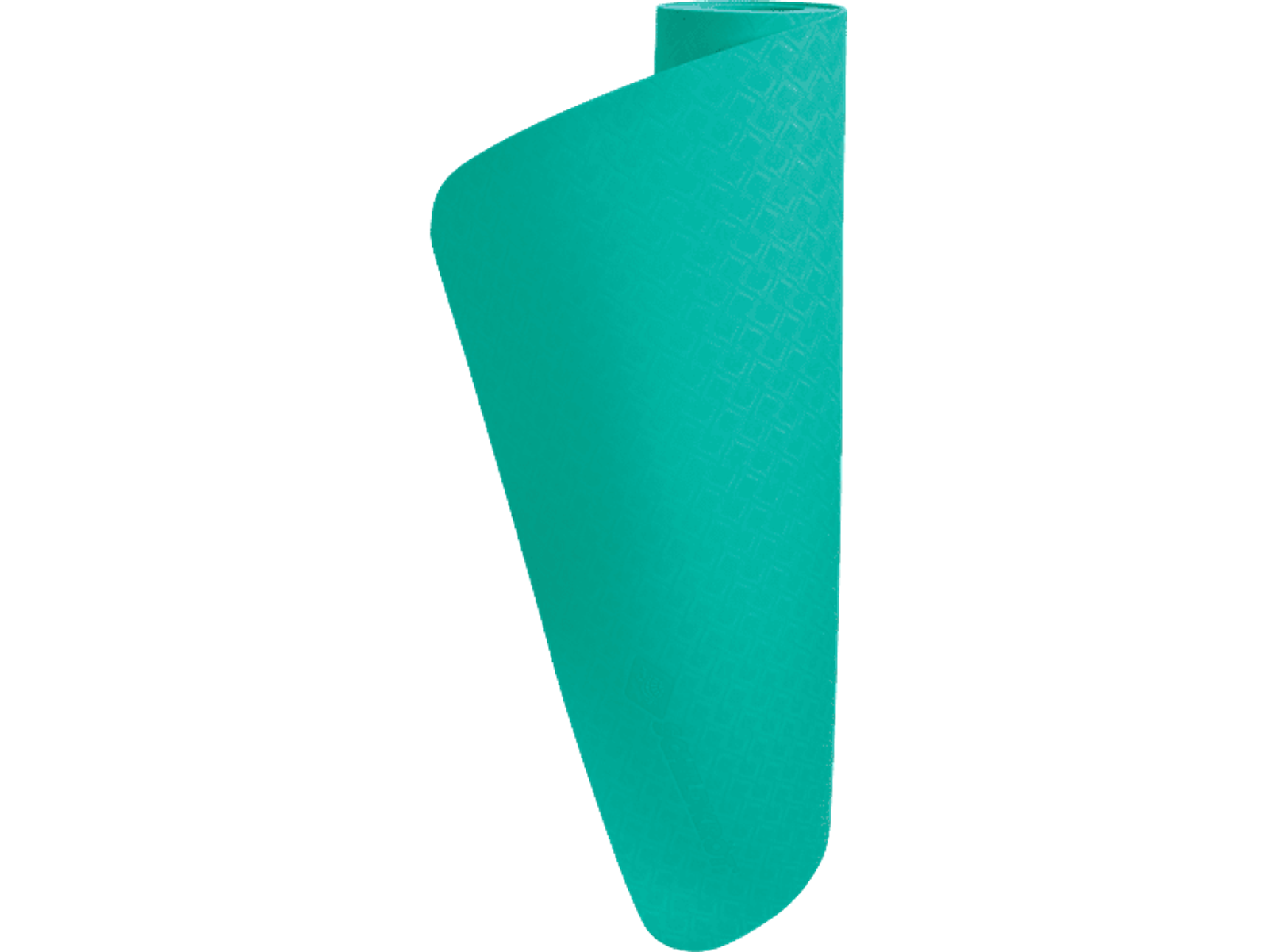 Un tappetino da yoga verde acqua è arrotolato, mostrando un motivo strutturato. Lo sfondo è nero.