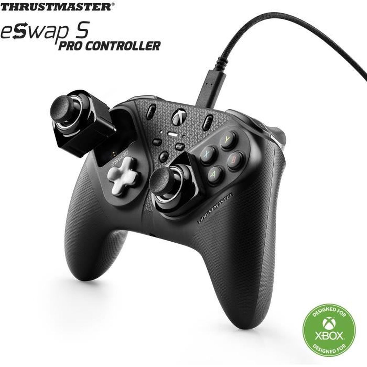 Mando Thrustmaster eSwap S Pro negro con módulos desmontables y cable, diseñado para Xbox.