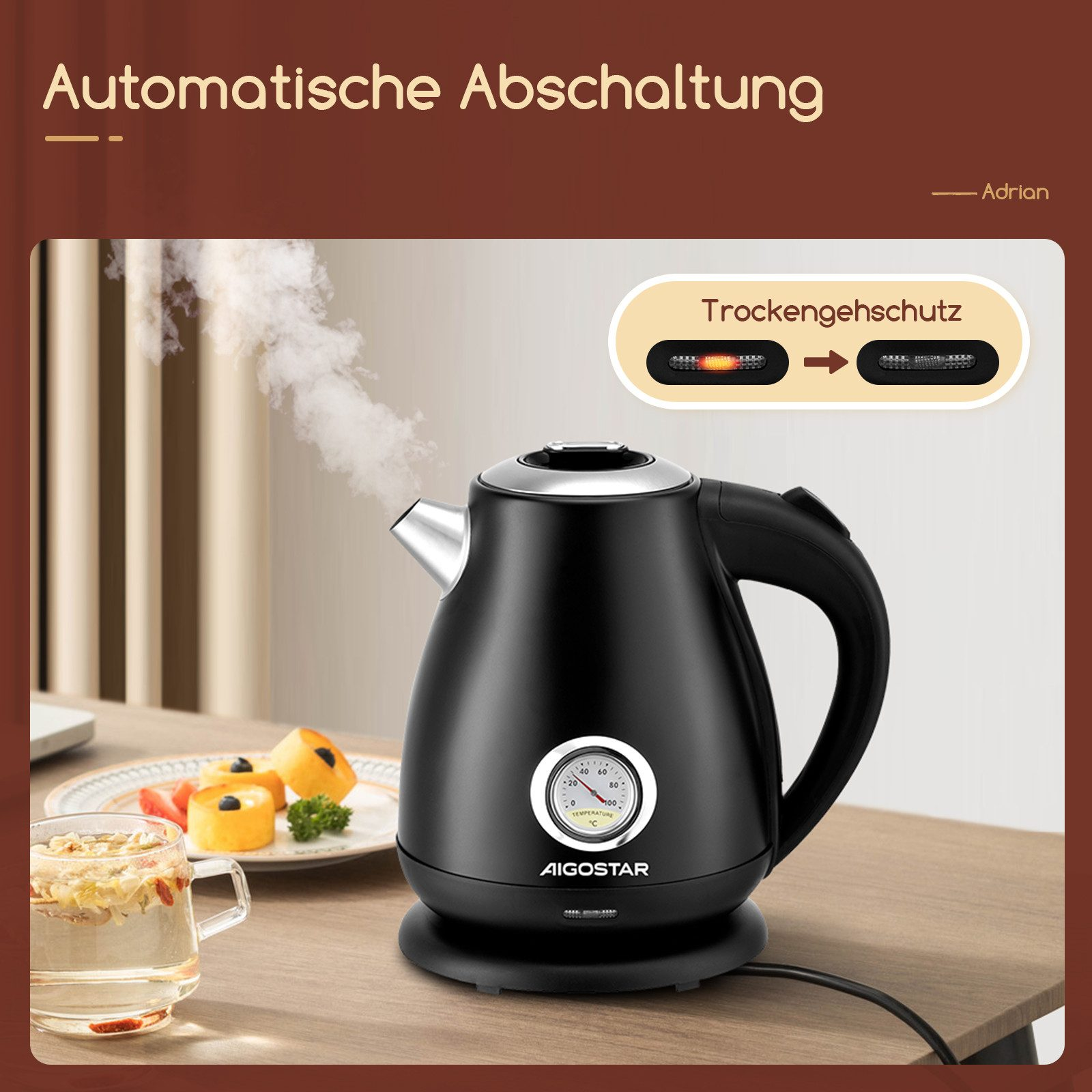 Schwarzer Wasserkocher auf Tisch mit Tasse und Gebäck. Brauner Hintergrund mit Text.