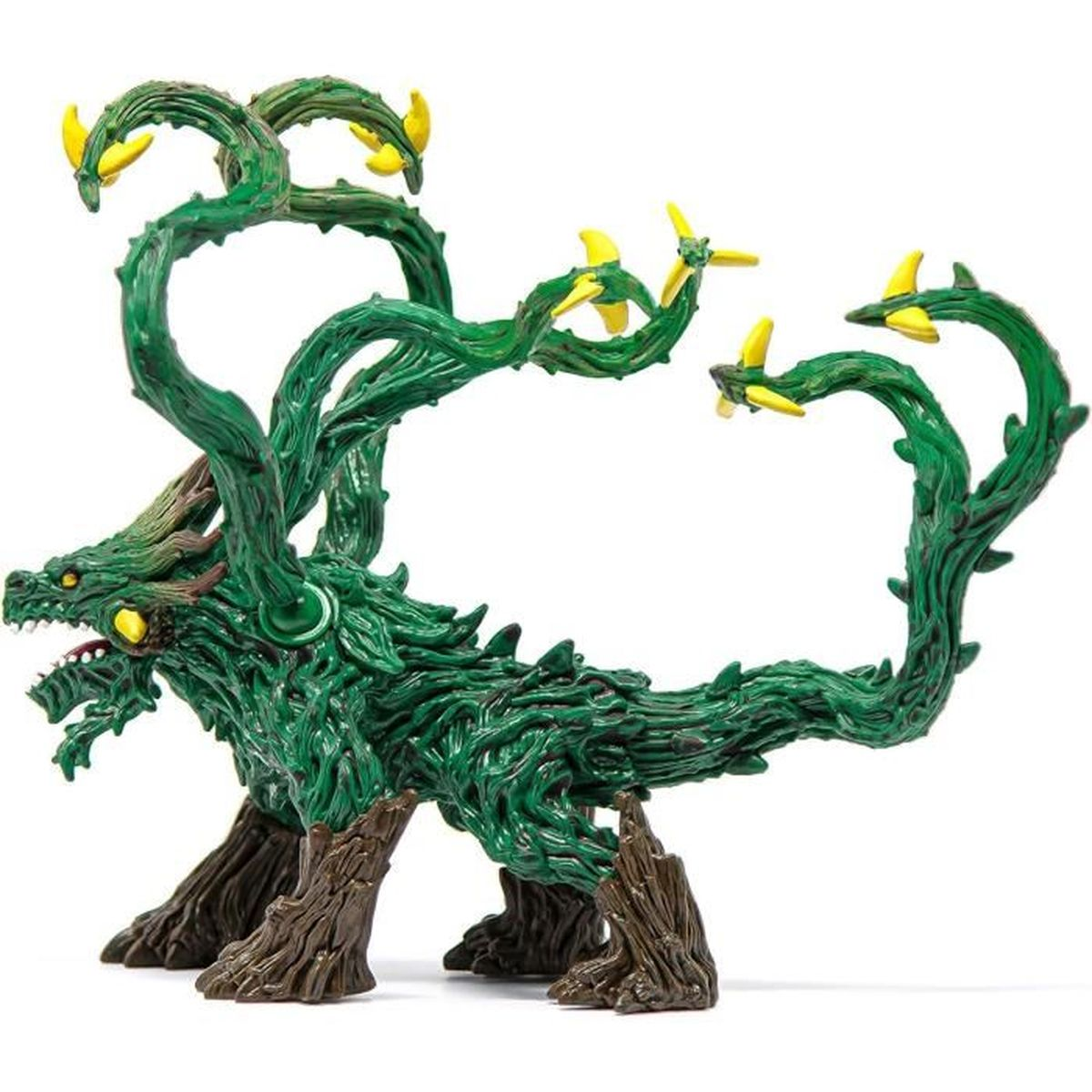 Ein grünes drachenartiges Spielzeug mit langem Körper, gebogenen grünen Gliedern mit gelben Spitzen und weißem Hintergrund.