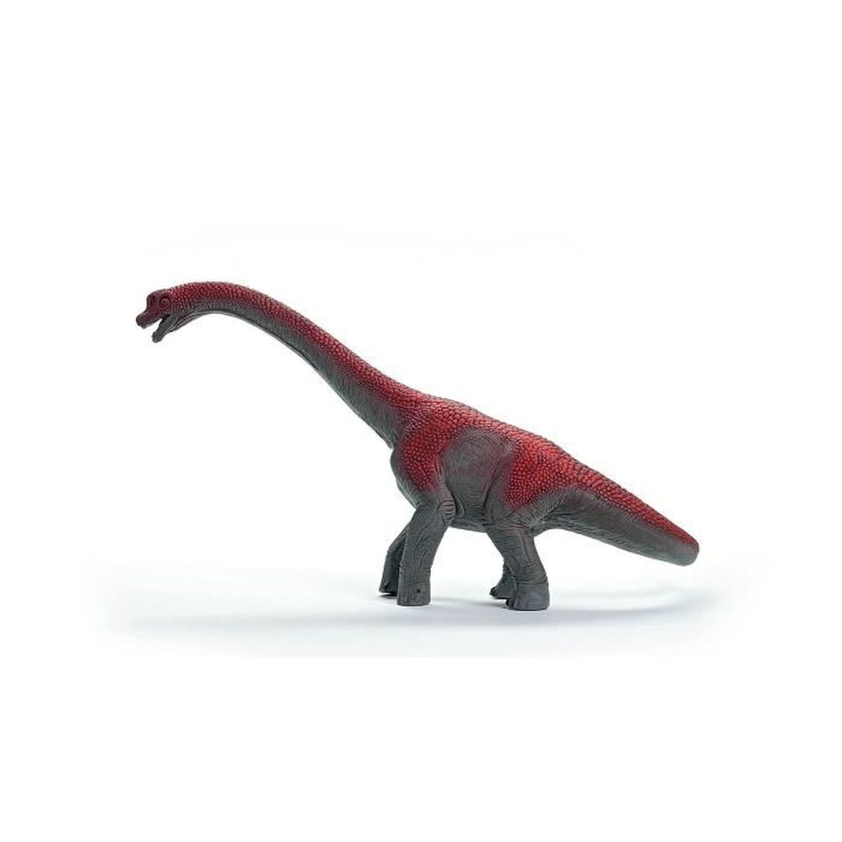Un giocattolo di dinosauro Brachiosaurus rosso e grigio su una superficie bianca.