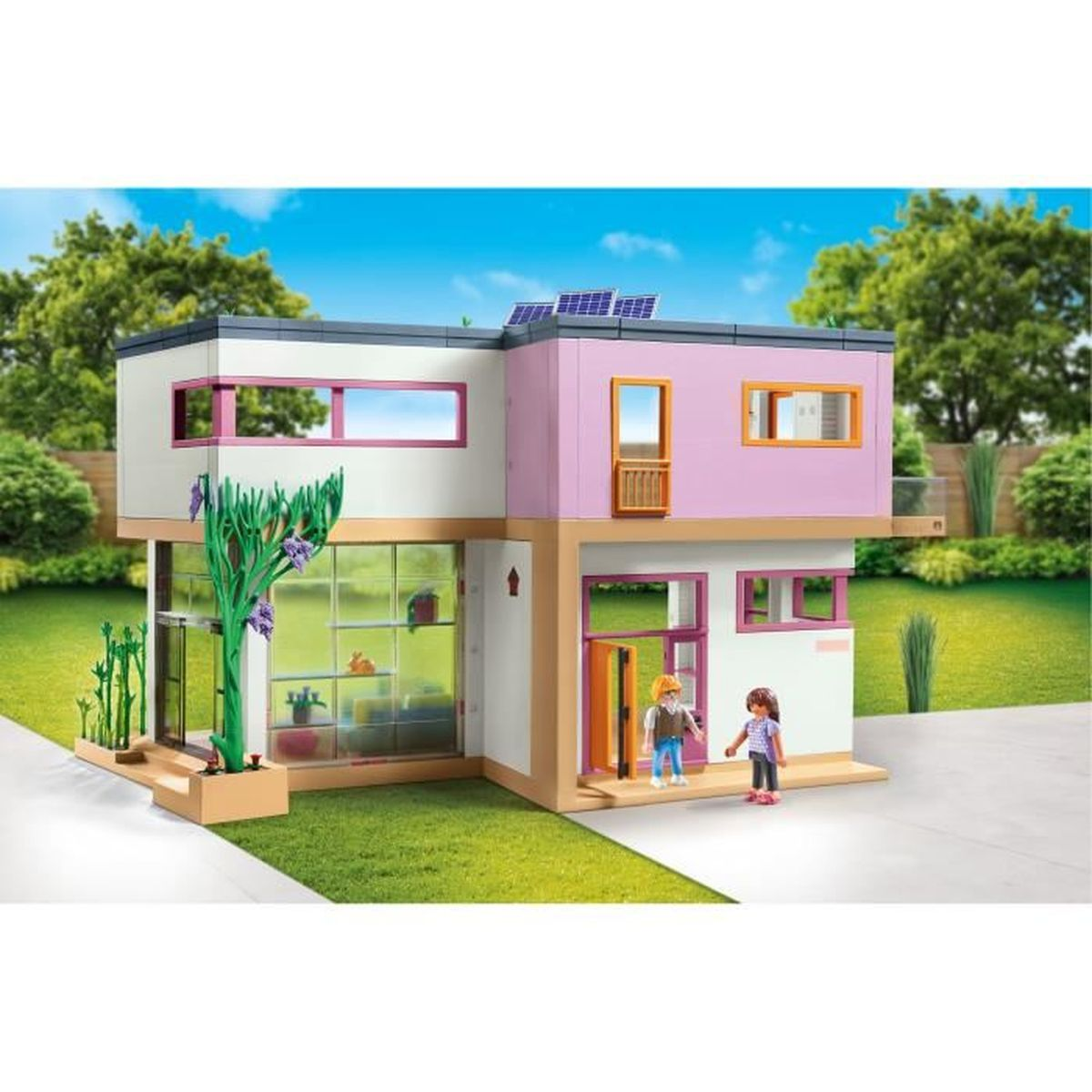 Ein Spielzeug-Modernes Haus mit zwei Figuren, die draußen stehen.