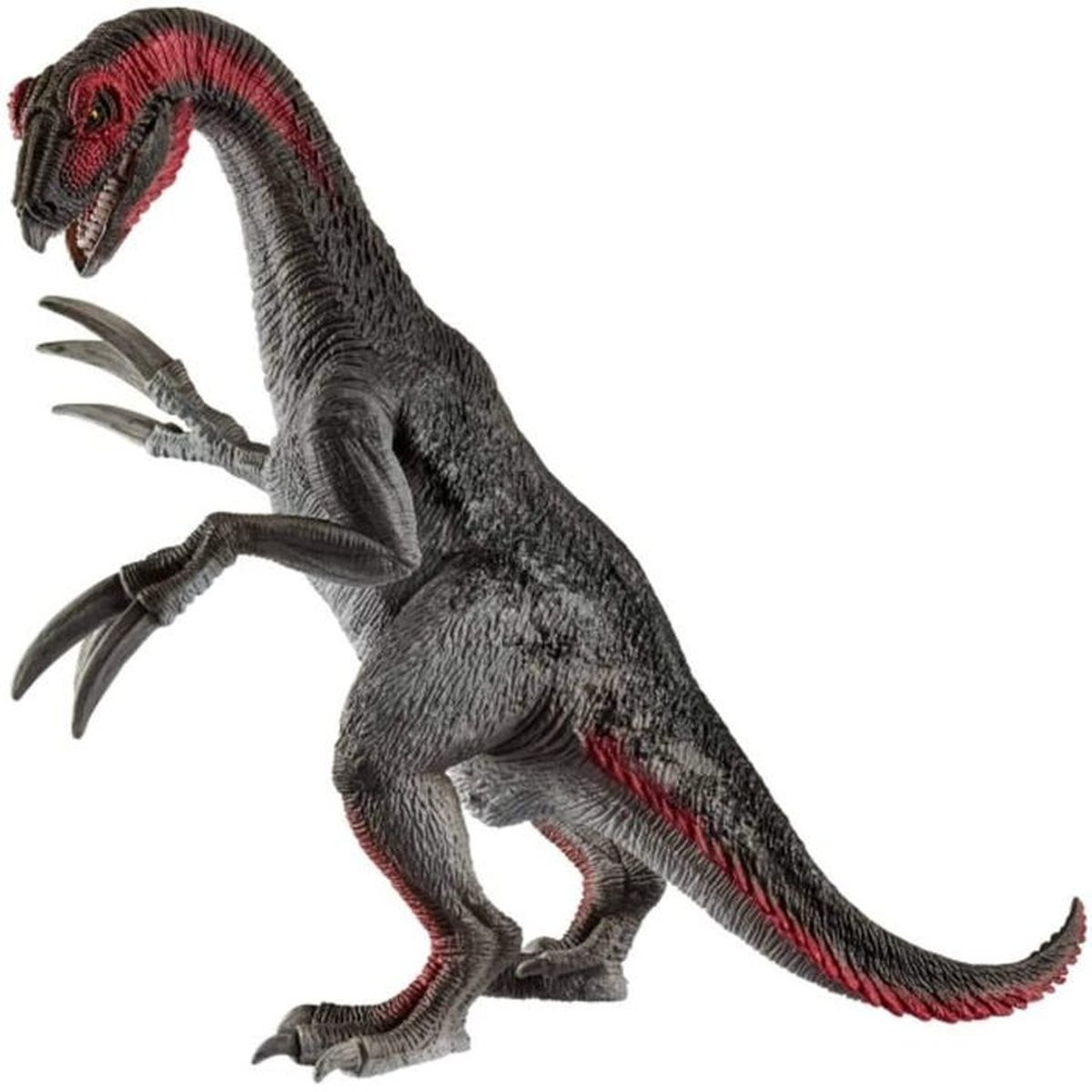 Ein Dinosaurier-Spielzeug, ein grauer Therizinosaurus mit roten Markierungen an Hals und Armen.