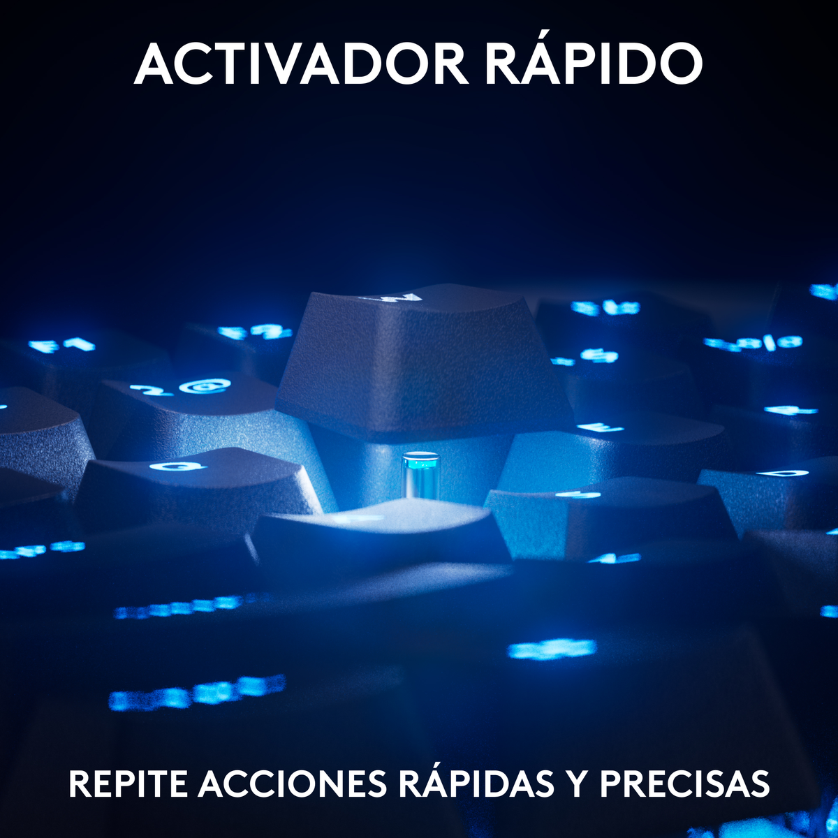 Zbliżenie klawiatury z niebieskim podświetleniem i tekstem 'ACTIVATE QUICK'.