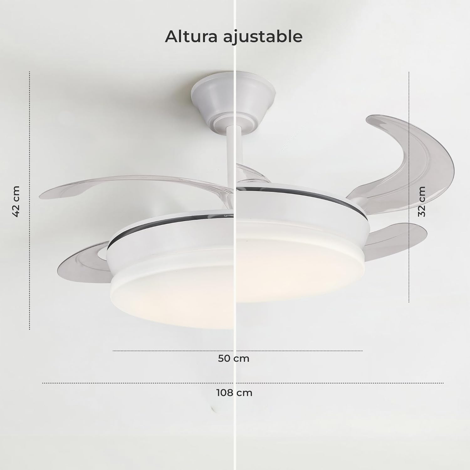 Un ventilador de techo blanco con aspas ajustables. Se muestran las dimensiones.