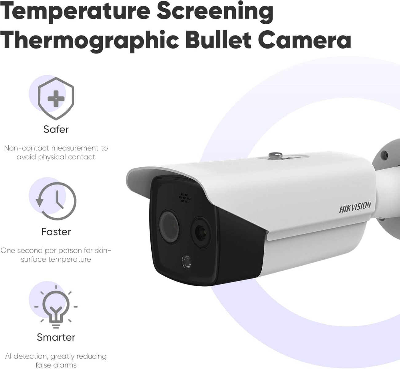Telecamera di sicurezza bianca con testo sullo screening della temperatura e funzioni come più veloce e sicuro.