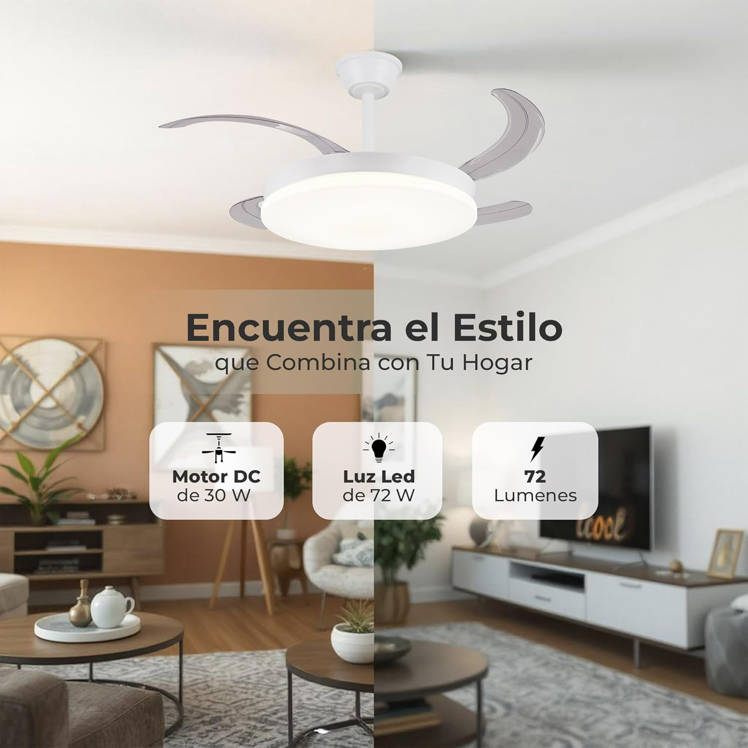Ventilador de techo con tres aspas y una luz. Texto: 'Encuentra el Estilo que Combina con Tu Hogar'.