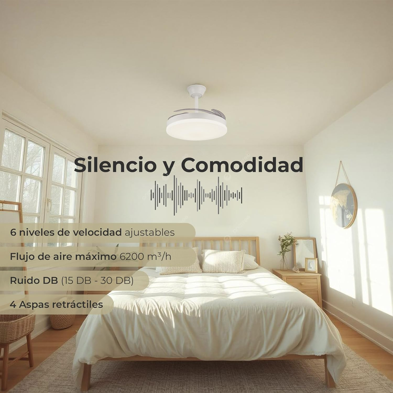 Dormitorio con ventilador de techo, superposición de texto. Cama blanca, muebles de madera, tonos neutros, luz cálida.