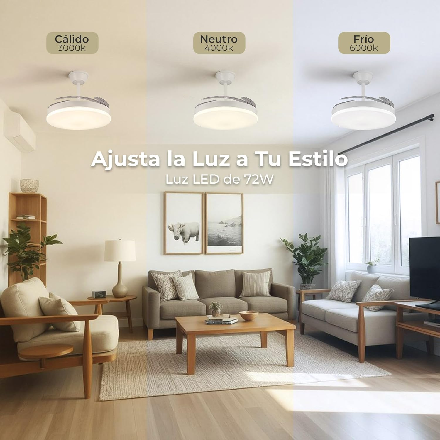 Salón con ventiladores de techo, sofás y mesa de centro, mostrando la luz ajustable.