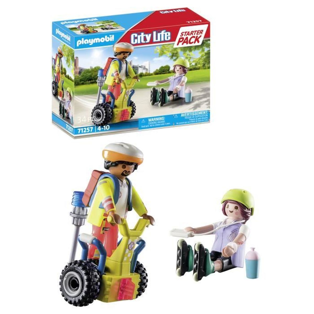 Playmobil-Set: Zwei Figuren mit Roller und eine Frau mit Rollschuhen und einer Flasche.