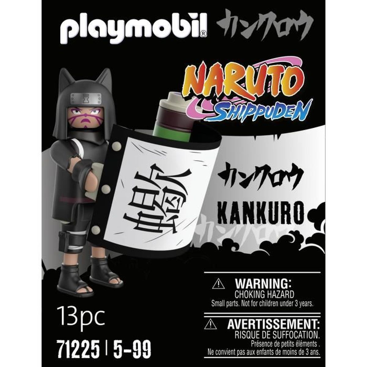 Playmobil Naruto Kankuro Set-Box. Weißer Hintergrund, mit Figur und Schriftrolle.