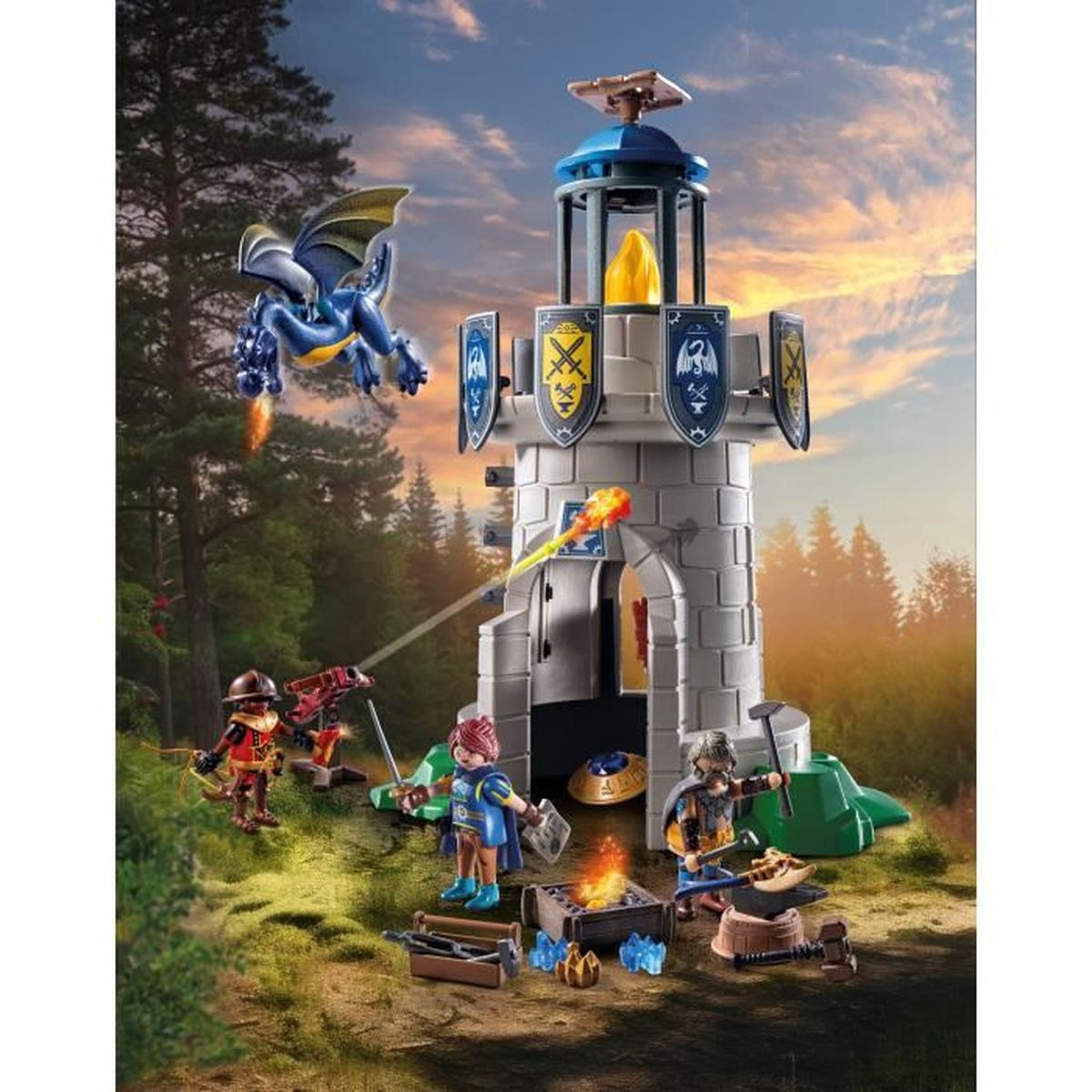 Une scène de château Playmobil avec des figurines, un dragon et une tour avec des flammes.