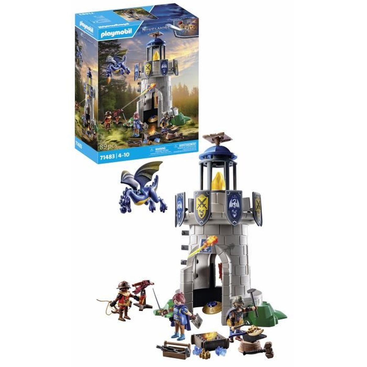 Un ensemble de château Playmobil avec des figurines et un dragon bleu. L'ensemble comprend une tour, des figurines.