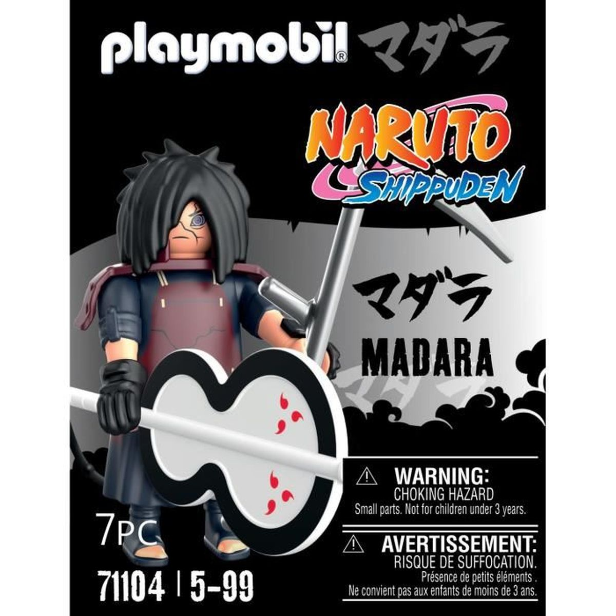 Playmobil-Box mit Madara aus Naruto Shippuden. Die Figur hält eine Waffe.